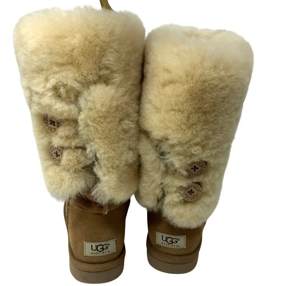 Ugg Over The Knee Bailey Button Sheepskin Boots Womens Sz 6 Brown Suede Cuffable
